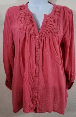 Loft Pink Coral Pleated Bodice Button Up Top Medium Lightweight Soft Flowy